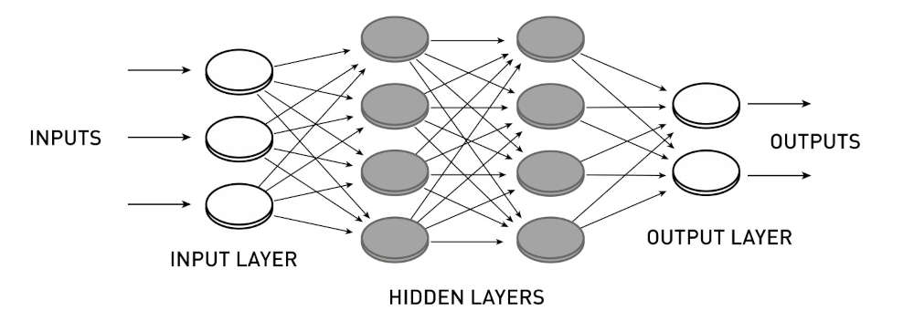 Una rete neurale. In grigio i nodi nascosti
