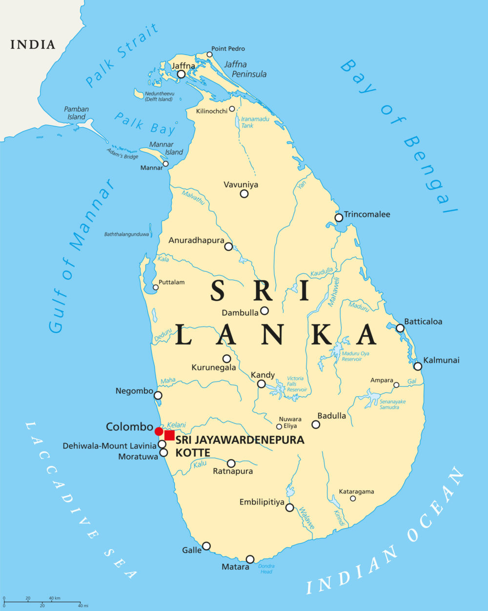 Sri,Lanka,Political,Map,With,Capitals,,Important,Cities,,Rivers,And